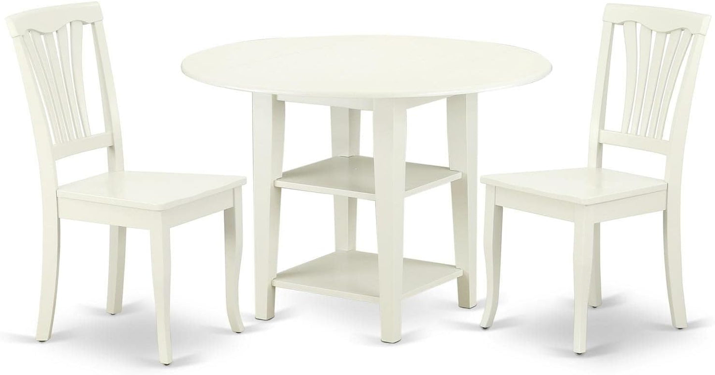 East West Furniture SUAV3-LWH-W 3 Piece Dining Room Table Set Contains a Round Kitchen Table with Dropleaf & Shelves and 2 Dining Chairs, 42x42 Inch, Linen White