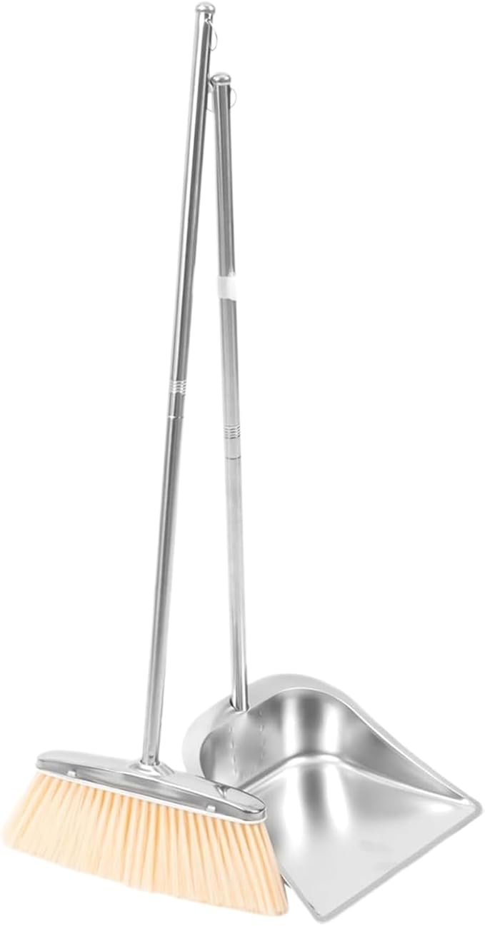 Floor Cleaning Set – Stainless Steel Broom and Long Handle Dustpan, Upright Sweeping Tool, Durable Cleaning Kit | Home, Apartment, Living Room, Bedroom, Office, Garage, Bathroom, Patio, Restaurant