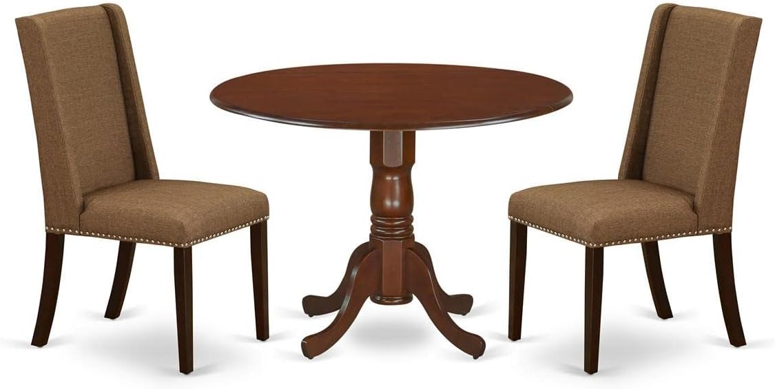 East West Furniture DLFL3-MAH-18 3 Piece Dining Set Contains a Round Dining Room Table with Dropleaf and 2 Brown Linen Linen Fabric Upholstered Parson Chairs, 42x42 Inch, Mahogany