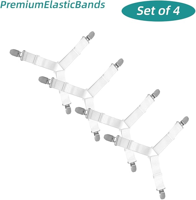 Bed Sheet Retainer Straps,Elasticated Adjustable Mattress Fitted Sheet Clips,Sheet Holder and Mattress Firm and Tight,for Anti-Slip and Anti-Wrinkle Sheets,Suitable of Mattresses,White