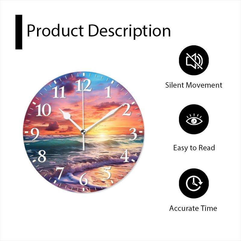 Beach Wall Clock Non-Ticking Silent Clocks Battery Operated Analog Decor Clock for Home-Beautiful Beach Sunset with Colorful Clouds and Waves(10inch)
