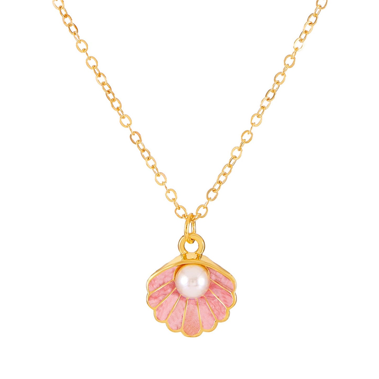 Seashell Pearl Pendant Necklace Gold Plated Boho Enamel Pink Blue Scallop Sea Shell Starfish Ocean Animal Chain Necklace for Women Hawaiian Summer Beach Holiday Fashion Jewelry Gifts (Pink)