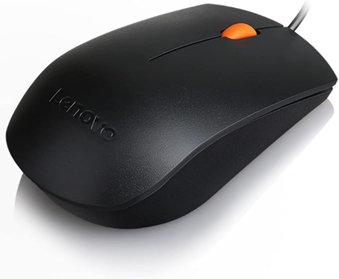 Lenovo 300 USB Wired Computer Full Size Optical Ambidextrous Mouse with 1600 DPI, Reliable USB-A Wired Connection, Easy 3-Button Navigation – Long Lasting, Durable Basic Mouse, Black