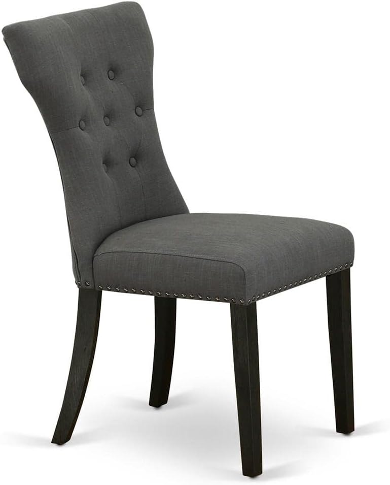 East West Furniture GAP6T50 Gallatin Parson Chairs - Button Tufted Nailhead Trim Dark Gotham Linen Fabric Upholstered Dining Chairs, Set of 2, Wirebrushed Black