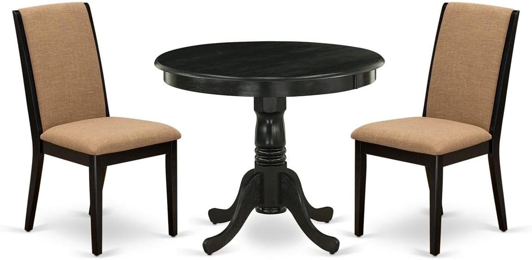 East West Furniture ANLA3-ABK-47 3 Piece Dining Room Furniture Set Contains a Round Kitchen Table with Pedestal and 2 Light Sable Linen Fabric Parson Dining Chairs, 36x36 Inch, Wirebrushed Black
