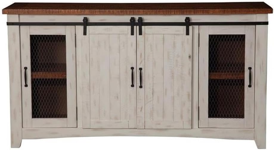 Martin Svensson Home Rustic 65” Solid Wood TV Stand with Storage, White and Aged Distressed Pine