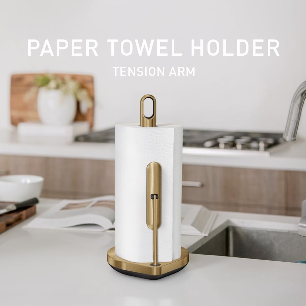 simplehuman Tension Arm Standing Paper Towel Holder, Heavy-Duty, Easy One-Handed Tear, Kitchen Countertop, Brass Stainless Steel