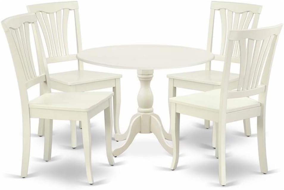 East West Furniture DMAV5-LWH-W 5 Piece Modern Dining Table Set Includes a Round Wooden Table with Dropleaf and 4 Dining Chairs, 42x42 Inch, Linen White