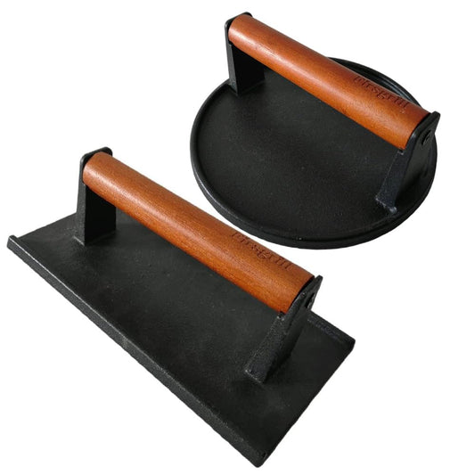 Firsgrill Burger Press 7.08" Round & 8.3”X4.3”Rectangle Heavy-Duty Cast Iron Smash Meat Steak With Wood Handle for Blackstone Camp chef Pitboss Weber Treager Griddle Grills (Round & Rectangle)