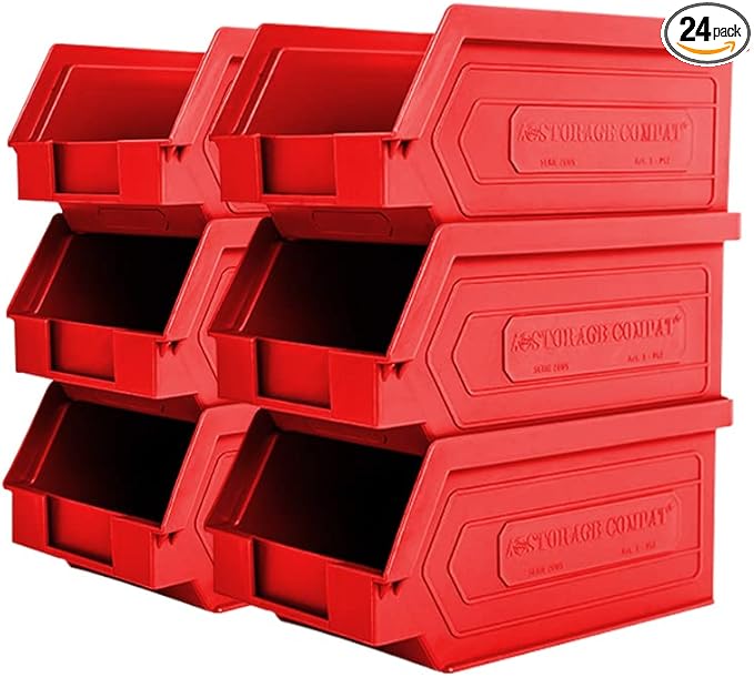 Plastic Storage Bins, Hanging, Stackable, Storage Organizer Bin for Warehouses, Workshops 7-Inch x 4-Inch x 3-Inch (Red, 6-Pack)