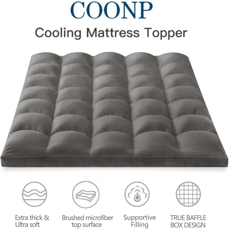 COONP Twin XL Mattress Topper, Extra Thick Pillowtop, Cooling Plush Mattress Pad Cover Bed Topper Protector with 8-21 Inch Deep Pocket (Grey, Twin XL)