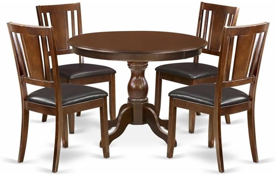 East West Furniture HBDU5-MAH-C 5 Piece Modern Dining Table Set Includes a Round Wooden Table with Pedestal and 4 Linen Fabric Dining Room Chairs, 42x42 Inch, Mahogany