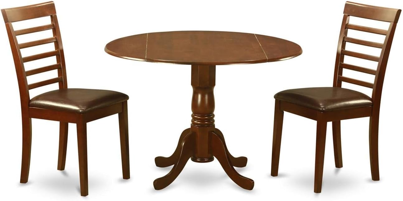 East West Furniture DLML3-MAH-LC 3 Piece Dining Room Furniture Set Contains a Round Kitchen Table with Dropleaf and 2 Faux Leather Upholstered Dining Chairs, 42x42 Inch, Mahogany