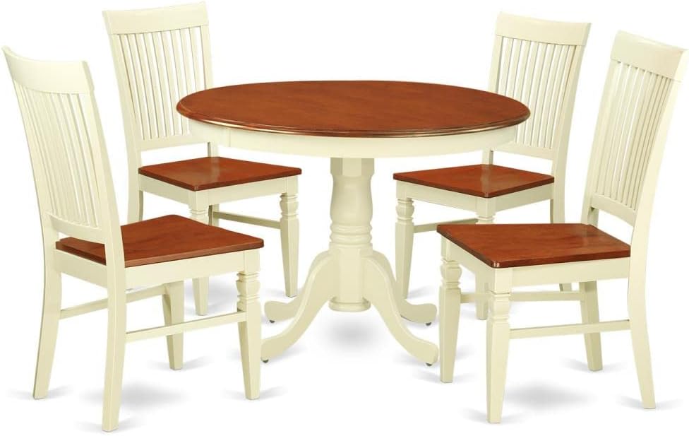 East West Furniture HLWE5-BMK-W 5 Piece Dining Room Table Set Includes a Round Kitchen Table with Pedestal and 4 Dining Chairs, 42x42 Inch, Buttermilk & Cherry