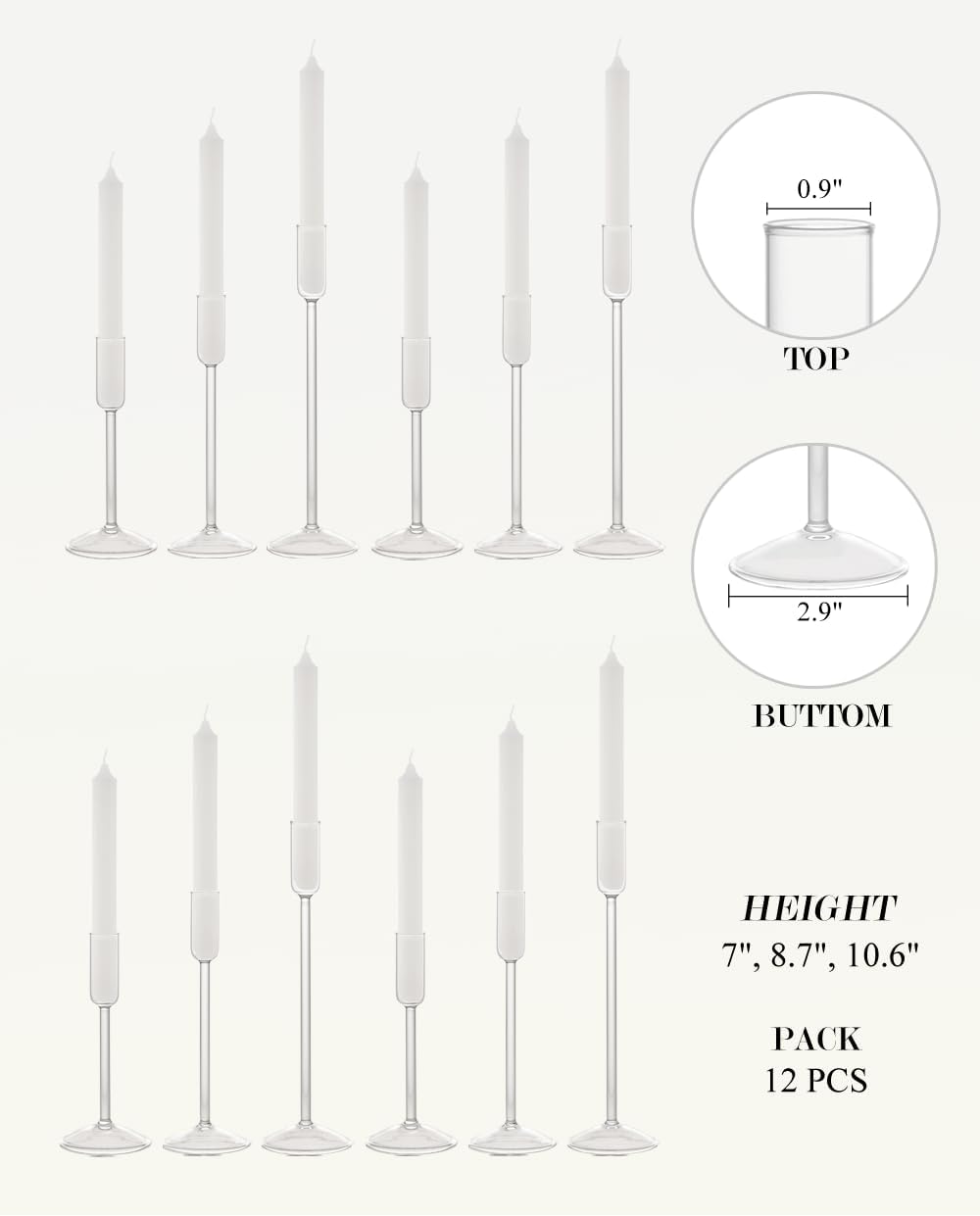 Willceka Candle Holder, Glass Taper Candle Tall Candlestick Holder, 3 Different Heights, for Table Centerpiece, Wedding, Party, Clear, 12pcs