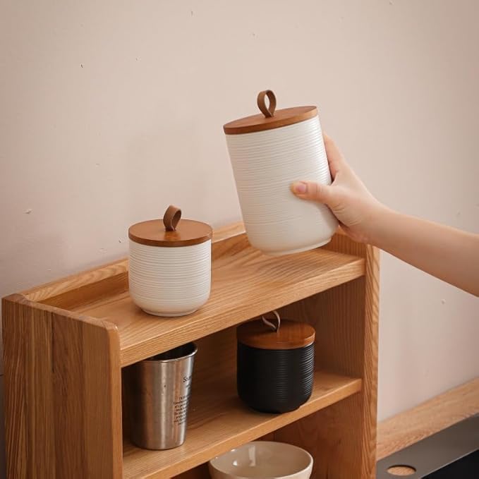 Food Storage Jar Strong Ceramic Storage Canisters with Airtight Wooden Lid,Kitchen Storage Containers for Serving Coffee Beans, Tea, Sugar, Salt, Spices (Medium white 27 oz)