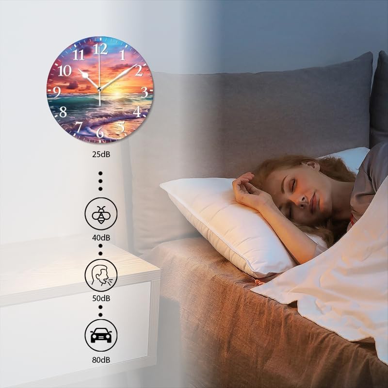 Beach Wall Clock Non-Ticking Silent Clocks Battery Operated Analog Decor Clock for Home-Beautiful Beach Sunset with Colorful Clouds and Waves(12inch)