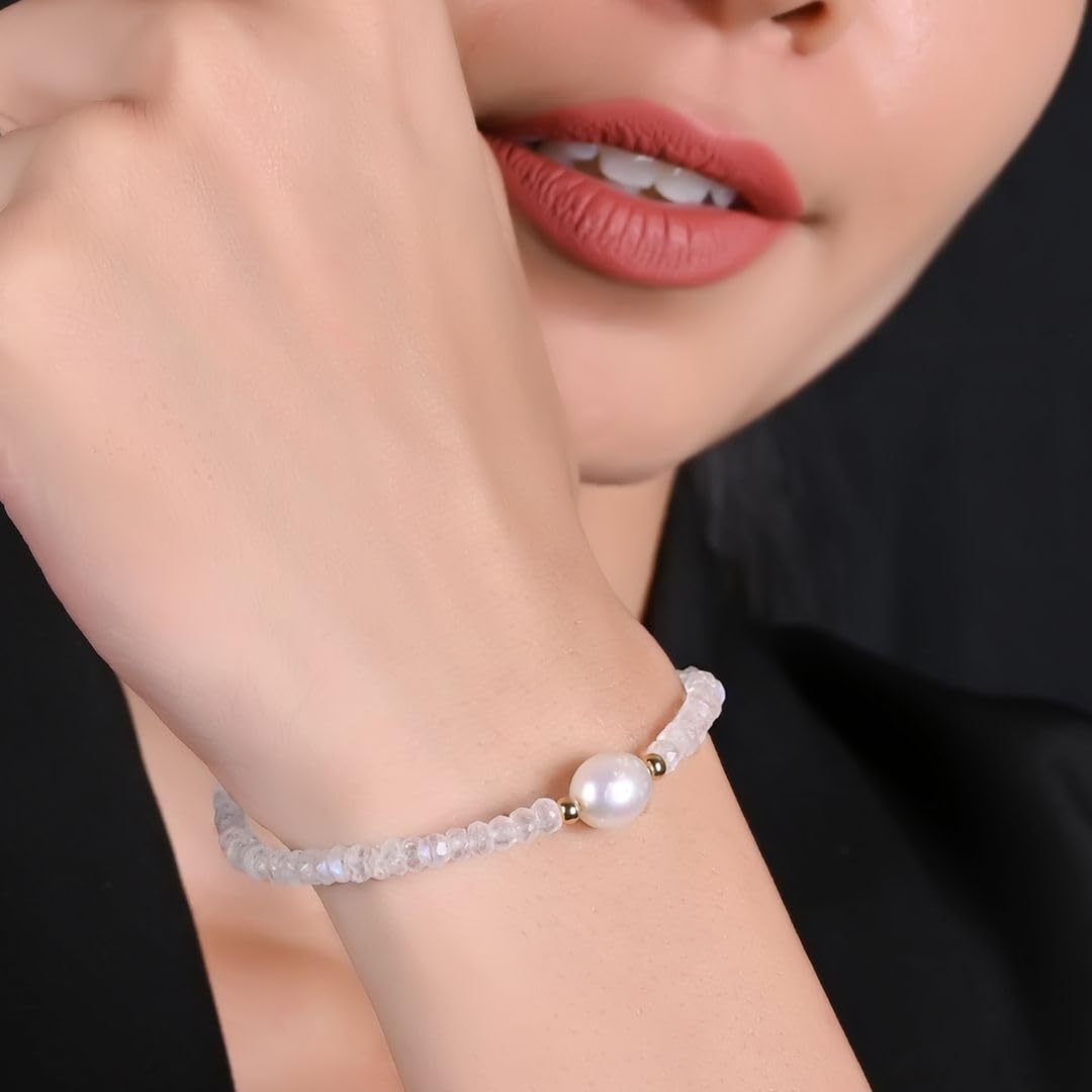 Gempires Moonstone Beaded Bracelets with Freshwater Pearls Crystal Jewelry June Birthstone Handmade Bracelets Hypoallergenic 7.5 Inch Gold Plated New Beginning Gemstone Jewelry