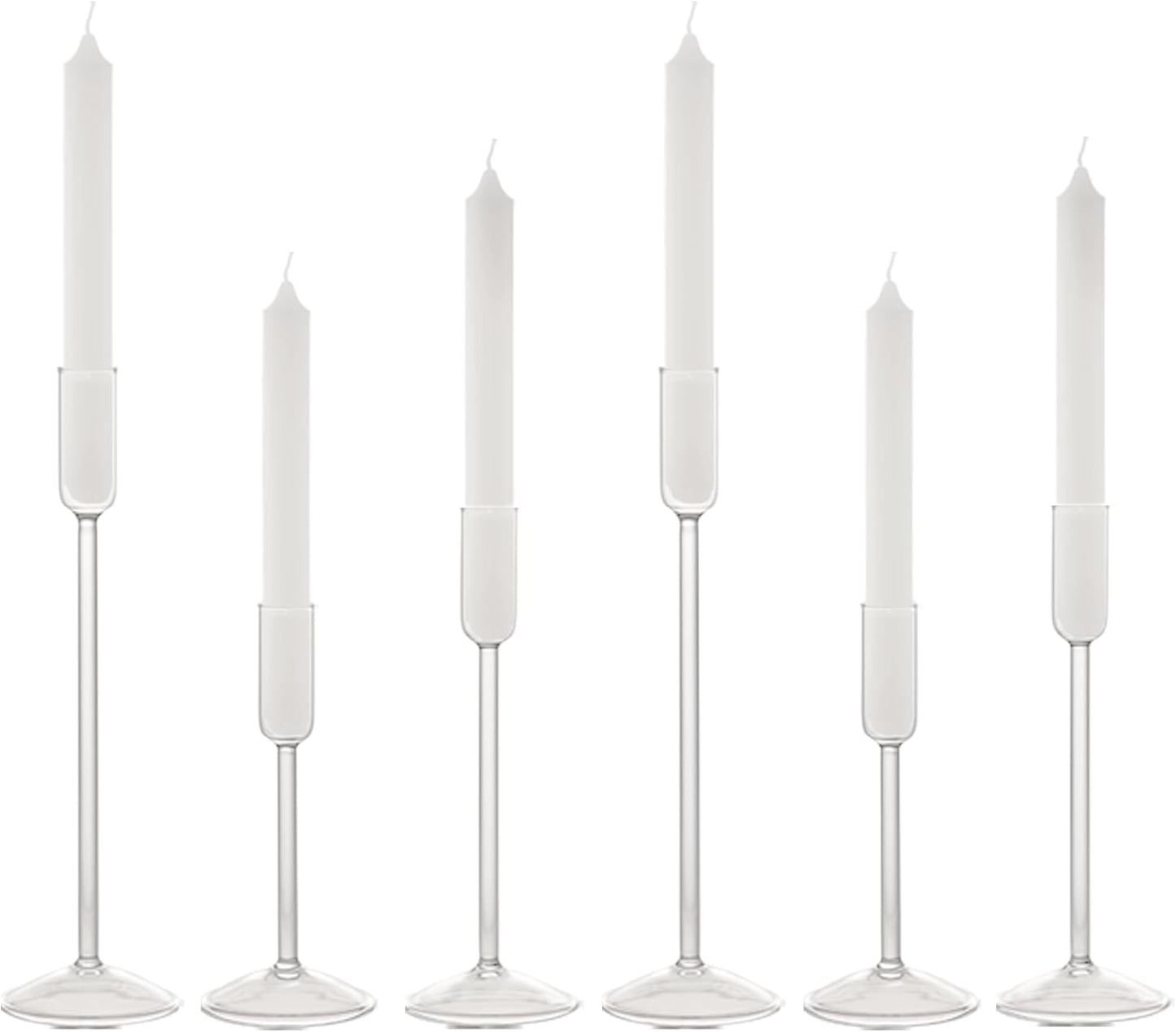 Willceka Candle Holder, Glass Taper Candle Tall Candlestick Holder, 3 Different Heights, for Table Centerpiece, Wedding, Party, Clear, 6pcs