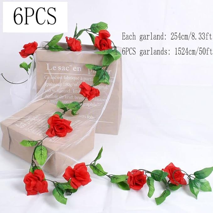 50FT Artificial Flowers Garlands Red 6PCS Silk Rose Hanging Vine with Green Leaves for Wedding Arch Party Christmas Home Decoration Flowers Arrangement