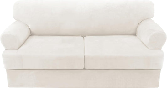 H.VERSAILTEX Sofa Cover 3 Piece T Cushion Loveseat Slipcovers Thick Velvet Couch Cover Stretch T Cushion Sofa Covers for 2 Cushion Couch with 2 Individual T Cushion Covers, Porcelain