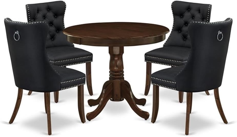 East West Furniture ANDA5-AWA-12 5 Piece Kitchen Table Set Includes a Round Dining Table with Pedestal and 4 Polyester Fabric Upholstered Parson Chairs, 36x36 Inch, Antique Walnut