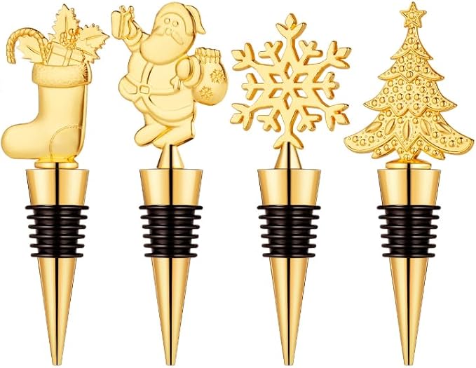4 Pack Christmas Wine Stoppers, Alloy Xmas Wine Bottle Stoppers for Keeping Wine Fresh, Wine Accessories Gift for Hostess, Christmas Bottle Corkers, Winter Decor Bottle Stopper, Holiday Party Supplies