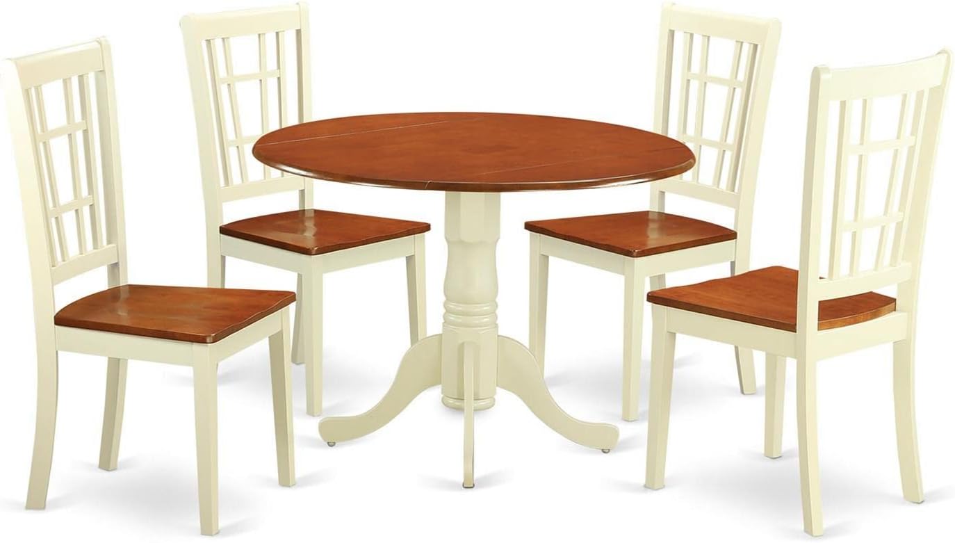 East West Furniture DLNI5-BMK-W 5 Piece Dinette Set for 4 Includes a Round Dining Room Table with Dropleaf and 4 Dining Chairs, 42x42 Inch, Buttermilk & Cherry