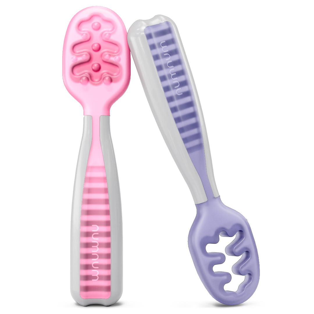 NumNum Baby Spoons Set, Baby Essentials Pre-Spoon GOOtensils for 6+ Months, First Stage Self-Feeding Spoons for Baby Led Weaning (BLW), Silicone Toddler Utensils, BPA-Free, 2 Pack Frosty Lilac/Rosebud