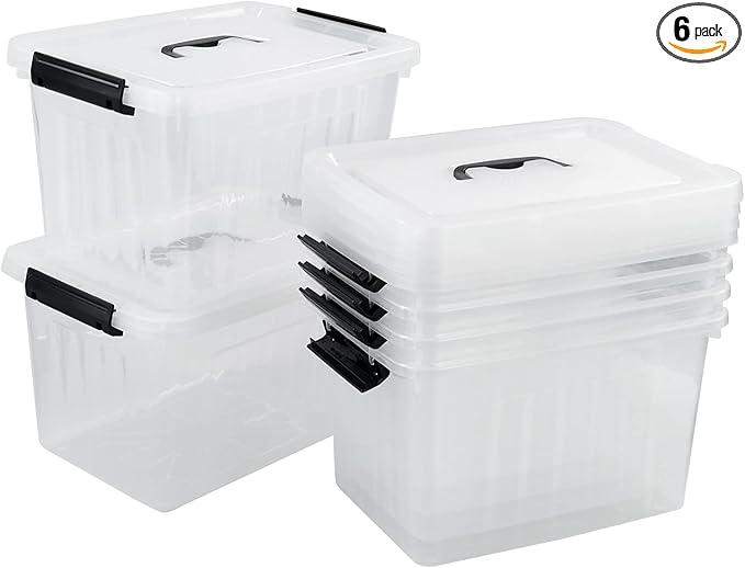 Plastic Storage Bins with Lids, 6 Pack Storage Organizer, 10 L Stackable Storage Bins with Buckle-Up Latches and Handle, Storage Totes for Home Office Pantry Organization, Clear