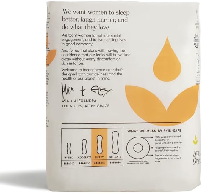 Attn: Grace Heavy Incontinence Pads for WomenWomen 2-Pack (56 Pads Total / 28 per Pack) - High Absorbency for Sensitive Skin - Protection for Heavy Bladder Leakage/Discreet, Breathable, & Plant-Based