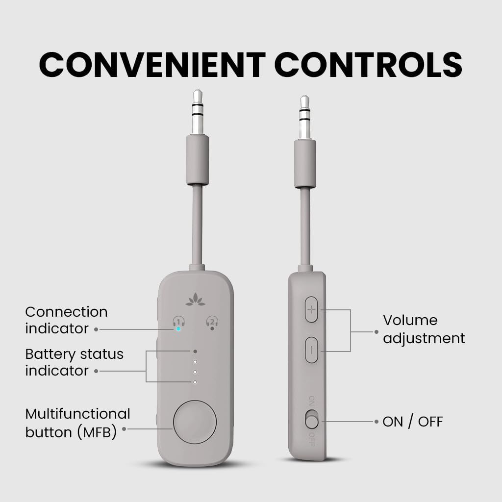 Avantree Relay - Airplane Bluetooth 5.3 Adapter with Qualcomm aptX Adaptive, Supports 2 AirPods or Headphones, 20Hr Playtime, 3.5mm AUX Wireless Audio Transmitter for Travel Flight, Airline, Gym