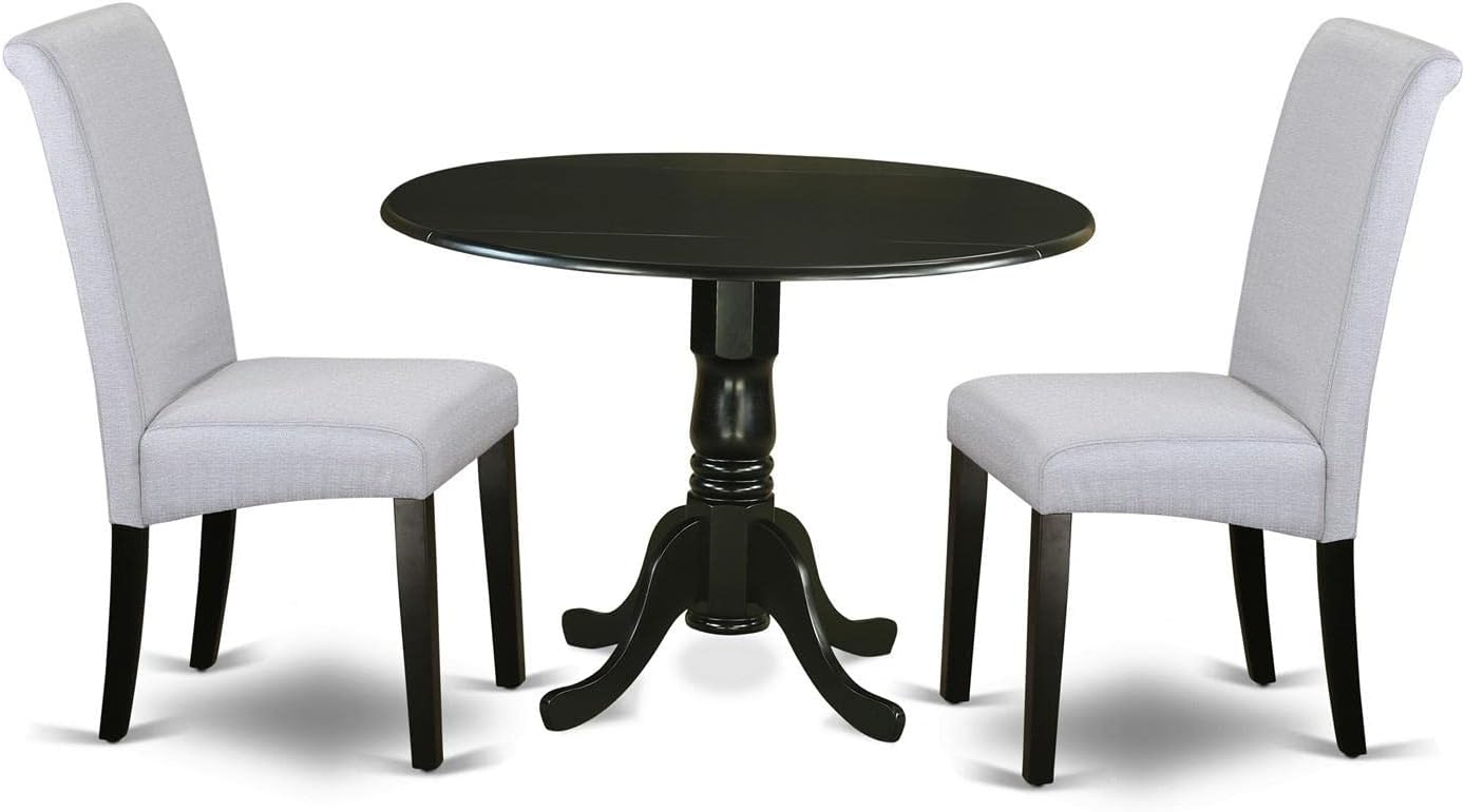 East West Furniture DLBA3-BLK-05 3 Piece Kitchen Table & Chairs Set Contains a Round Dining Room Table with Dropleaf and 2 Grey Linen Fabric Parsons Dining Chairs, 42x42 Inch, Black