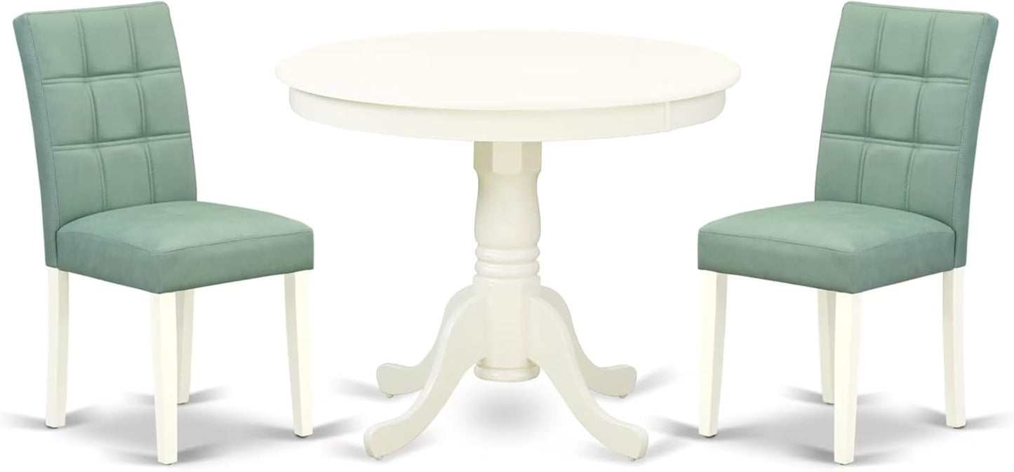 East West Furniture ANAS3-LWH-43 3 Piece Dining Table Set consists A Dinner Table and 2 Willow Green Polyester Fabric Parson Kitchen Chairs with Stylish Back- Linen White Finish
