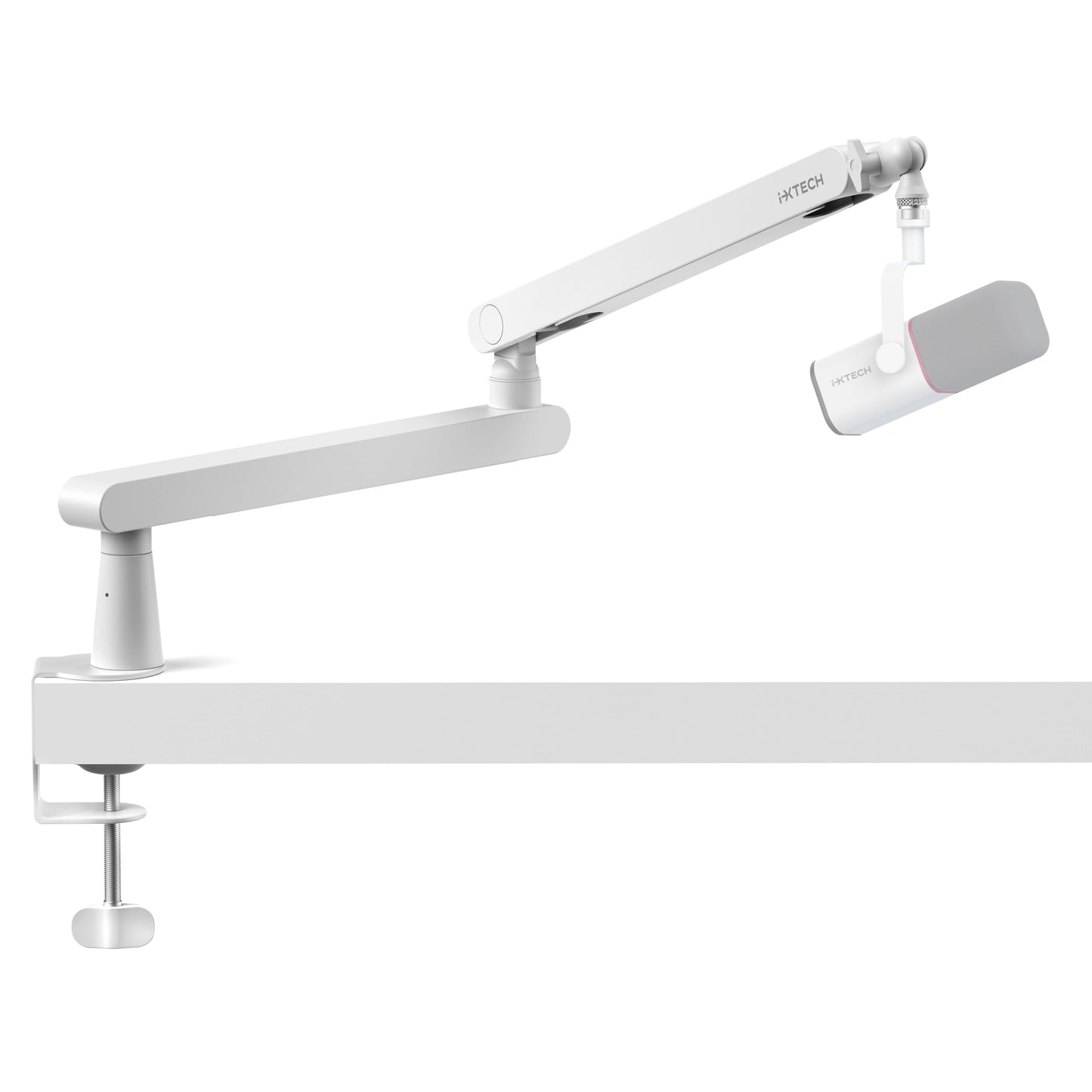 IXTECH White Microphone Boom Arm Stand Low Profile Boom Arm Adjustable Mic Stand with Built In Cable Management 360 Swivel Mic A