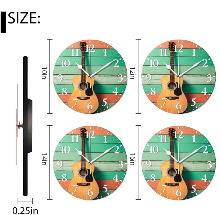 Guitar Wall Clock Non-Ticking Silent Clocks Battery Operated Analog Decor Clock for Home-Acoustic Guitar Leaning Against Wooden Wall(12inch)