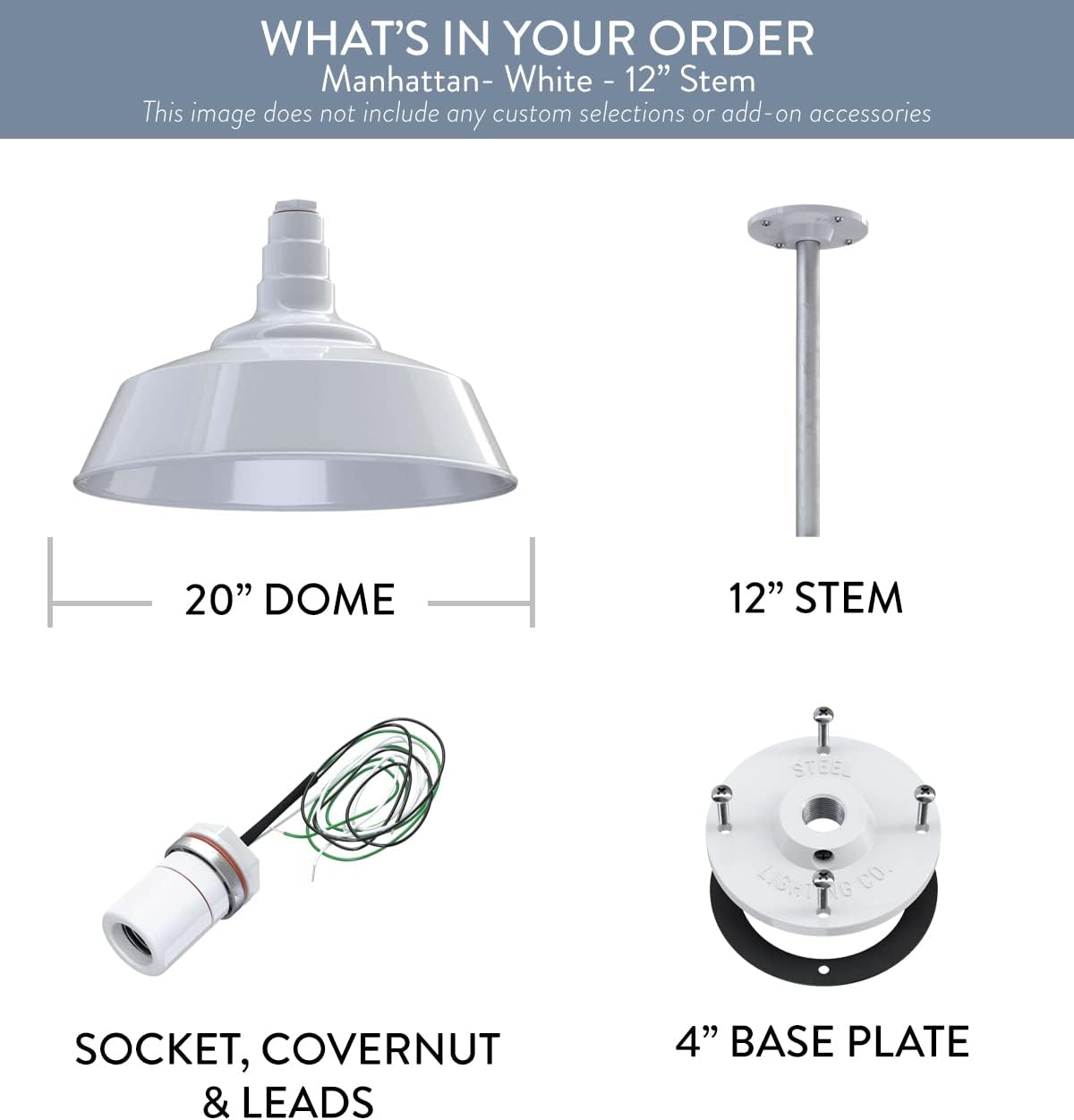 Steel Lighting Co. Manhattan Warehouse Light | Ceiling Mounted Pendant | 20 inch Dome | 12 inch Stem | Large Steel Barn Light Made in America | White Exterior/White Interior