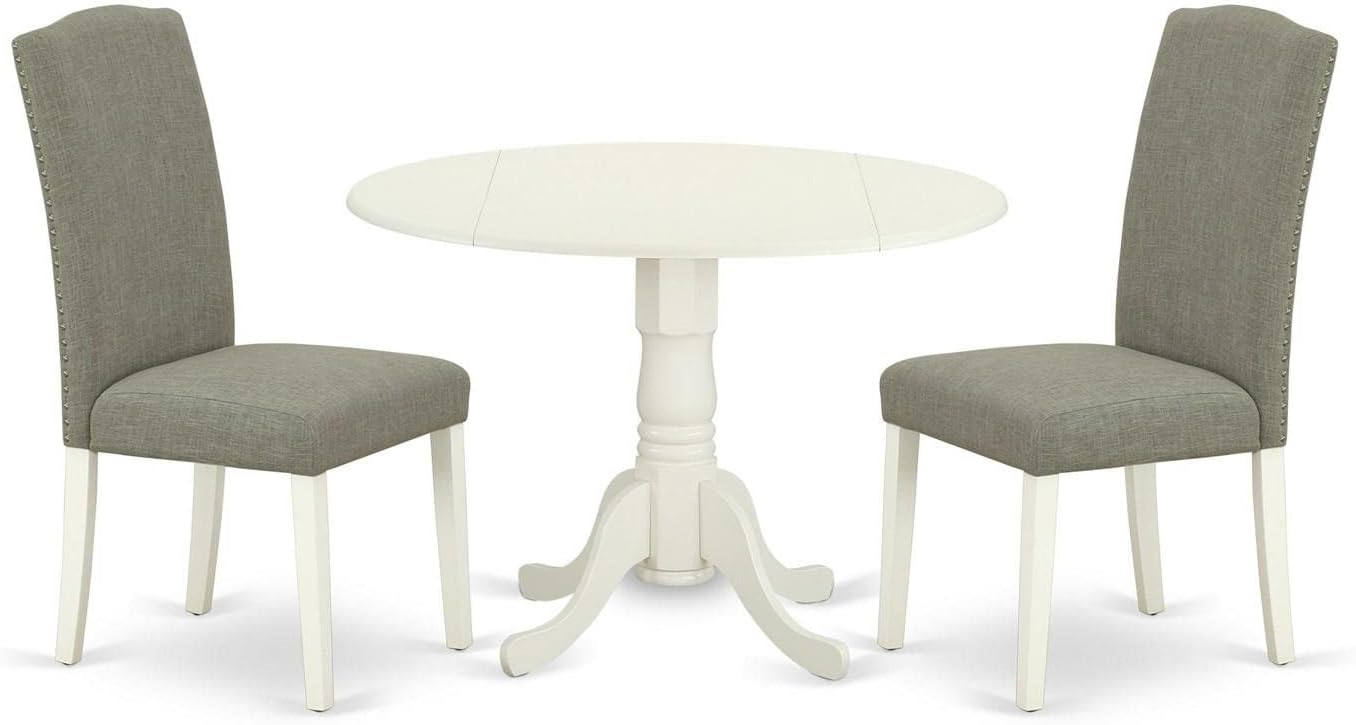 East West Furniture DLEN3-LWH-06 3 Piece Modern Dining Table Set Contains a Round Wooden Table with Dropleaf and 2 Dark Shitake Linen Fabric Parson Dining Chairs, 42x42 Inch, Linen White