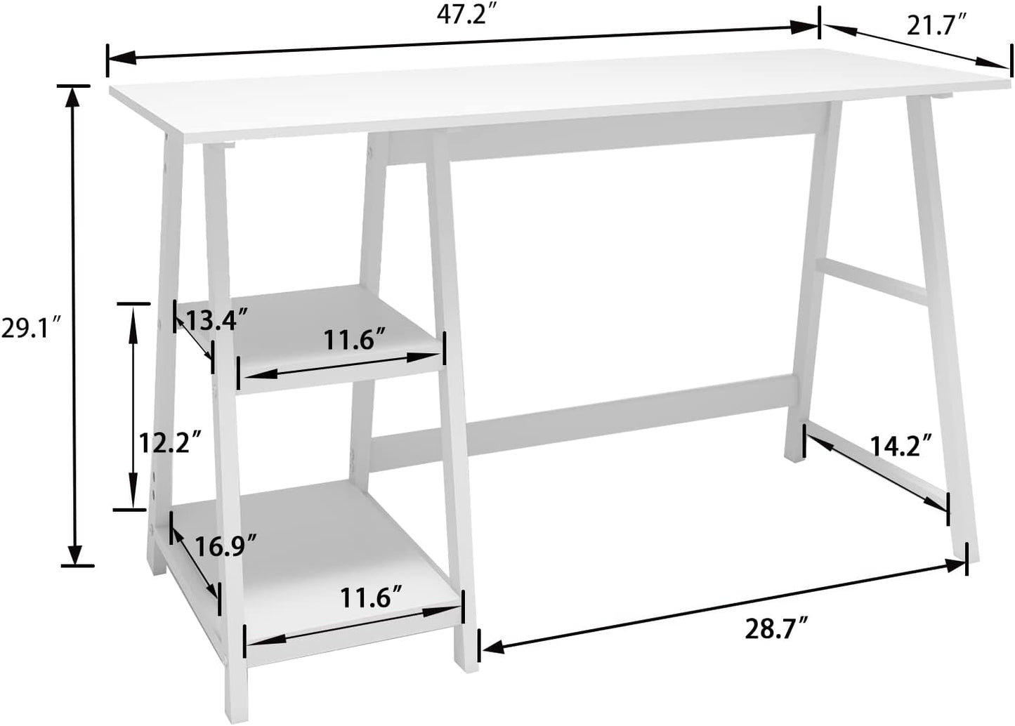 Natwind 47" White Desk with 2-Tier Storage Shelves,Home Office Computer Desk, Study Table for Kids Student Girls,Writing Desk,Modern Simple Basic Desk Workstation for Bedroom Home Office