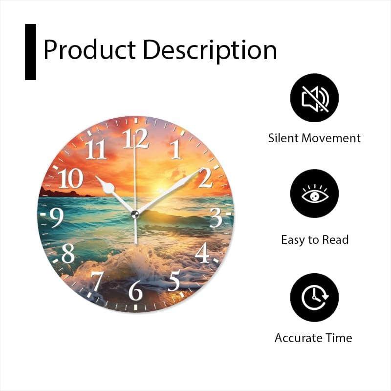Beach Wall Clock Non-Ticking Silent Clocks Battery Operated Analog Decor Clock for Home-Beautiful Sunset Over The Ocean with Waves Crashing On The Shore(12inch)