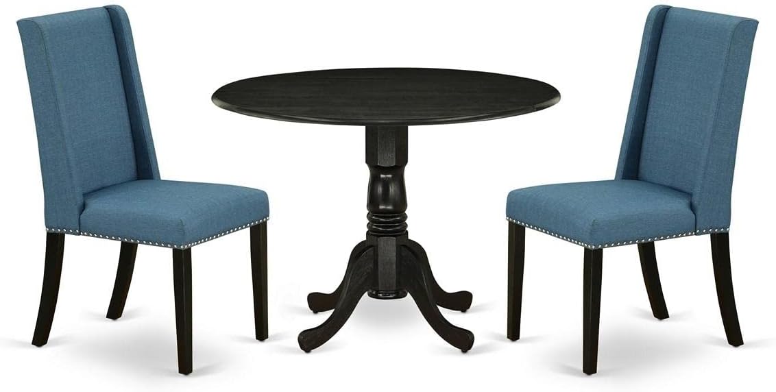 East West Furniture DLFL3-ABK-21 3 Piece Dining Room Table Set Contains a Round Kitchen Table with Dropleaf and 2 Blue Linen Fabric Parsons Dining Chairs, 42x42 Inch, Wirebrushed Black