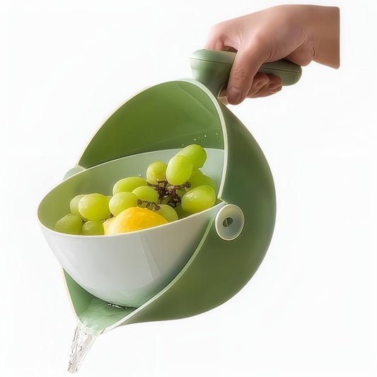 Elite Aiwei 2-1 Kitchen Colander Rotating Washing Basket with Handle - Pasta Strainer - Fruit Washing Bowl with Strainer - Fruit Rinser Container (Avocado Green)