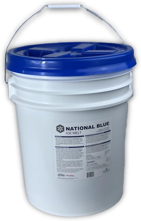 National Blue Ice Melt and Snow Salt 50lb Bucket - Fast Acting Ice Melter - Pet, Plant and Concrete Friendly, Environmentally Safe - Free of Magnesium Chloride - Melts to -15°F
