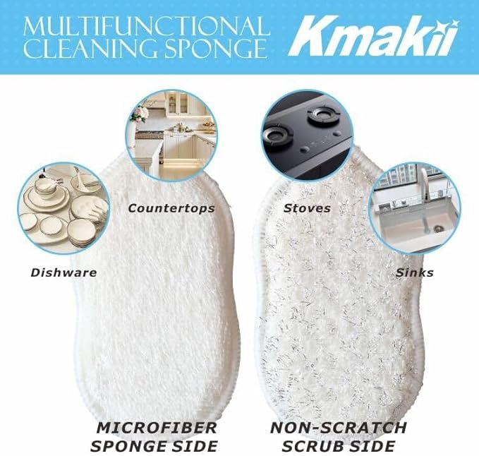 KMAKII Bamboo Fiber Scrub Sponges, Non-Scratch & Durable,6.3 × 3.1 inches, White, 4-Pack