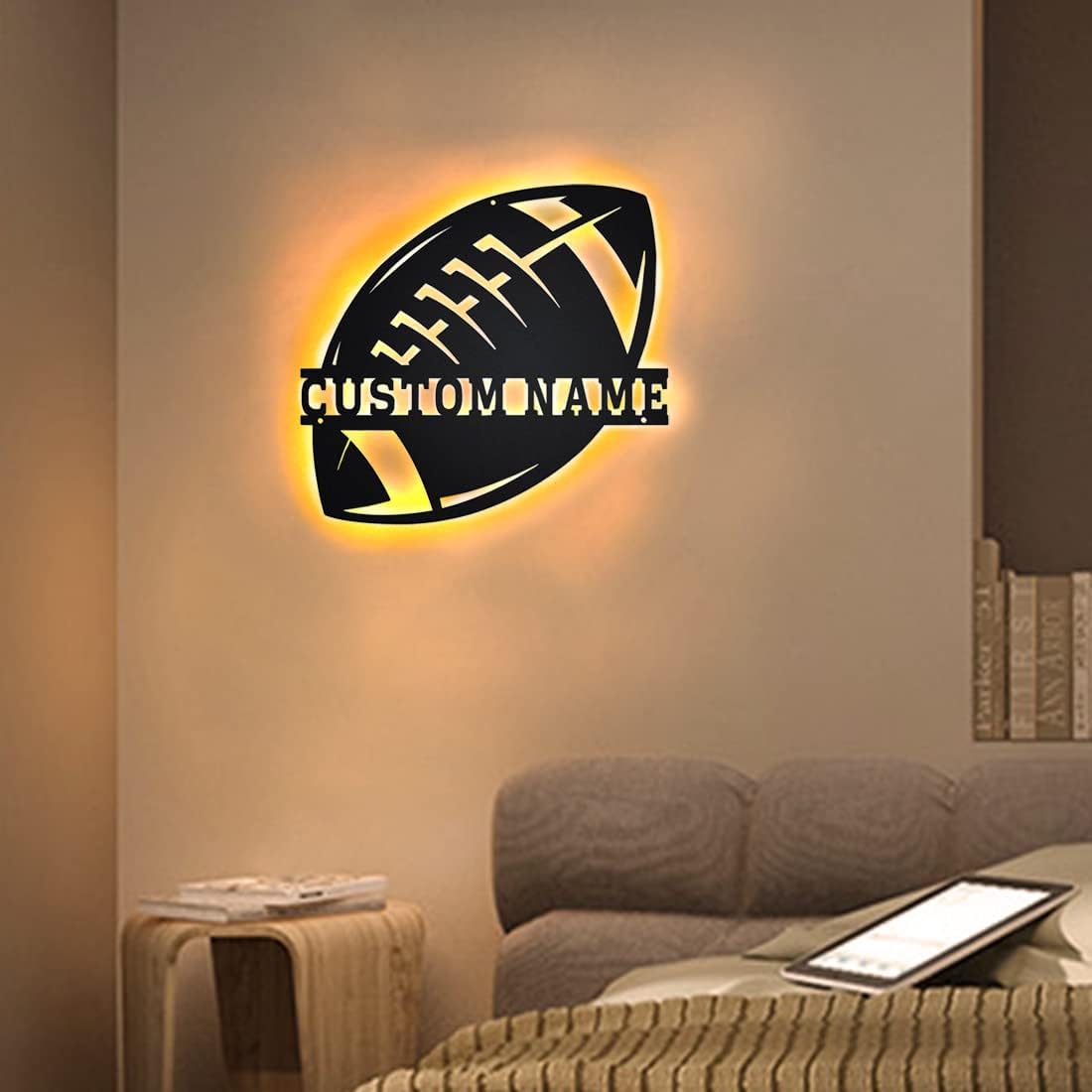 Personalized Name 7 Colors Football lamp Custom Wall Art Night Light LED Name Sign Gift for Boys Men Girls (E-Football)