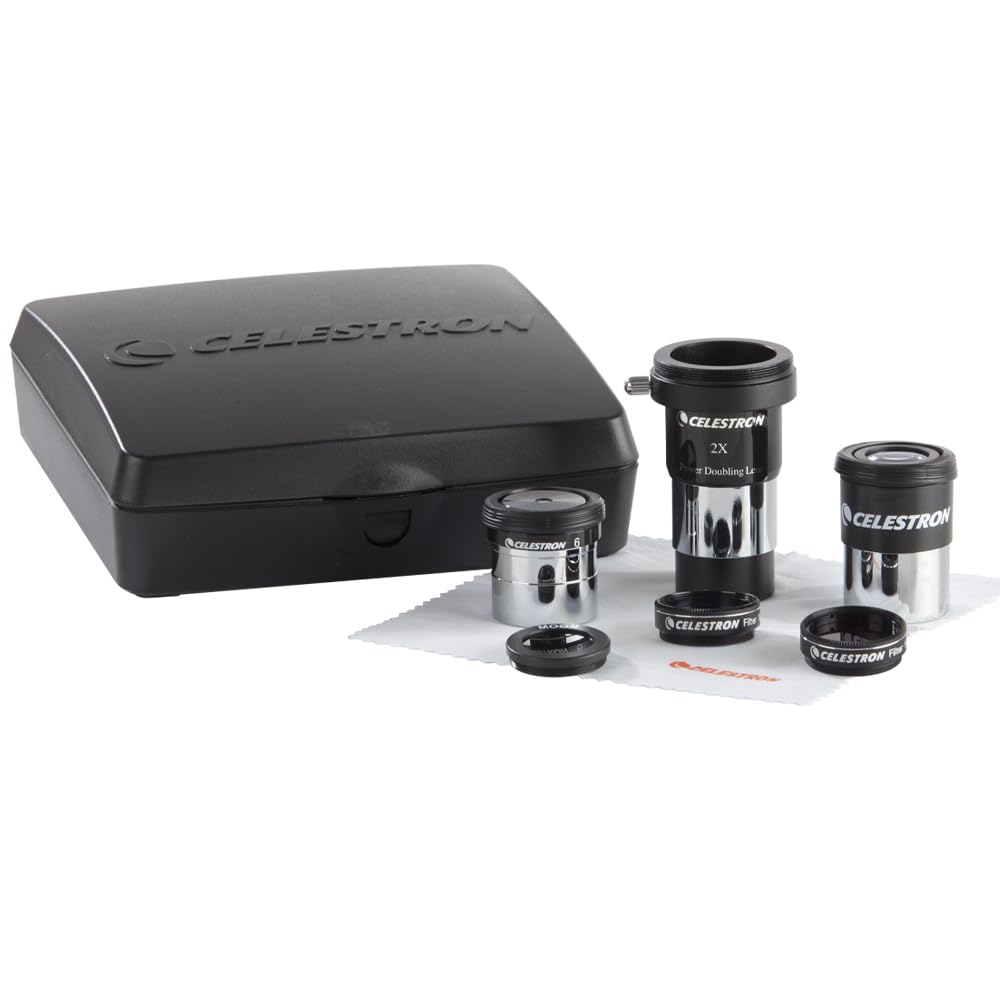 Celestron AstroMaster 8-Piece Eyepiece & Filter Accessory Kit - Includes Two 1.25  Eyepieces  2X Barlow Lens  Three Filters  Cleaning Cloth and Hard Case Black-New