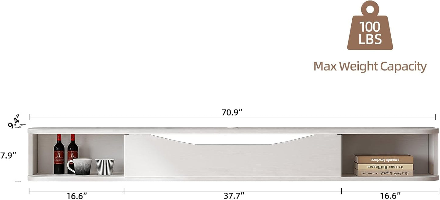 Floating TV Stand,70'' Wall Mounted TV Cabinet,Floating TV Console,Under TV Shelf with 1 Door and 2 Cabinets for TVs up to 75''(White)