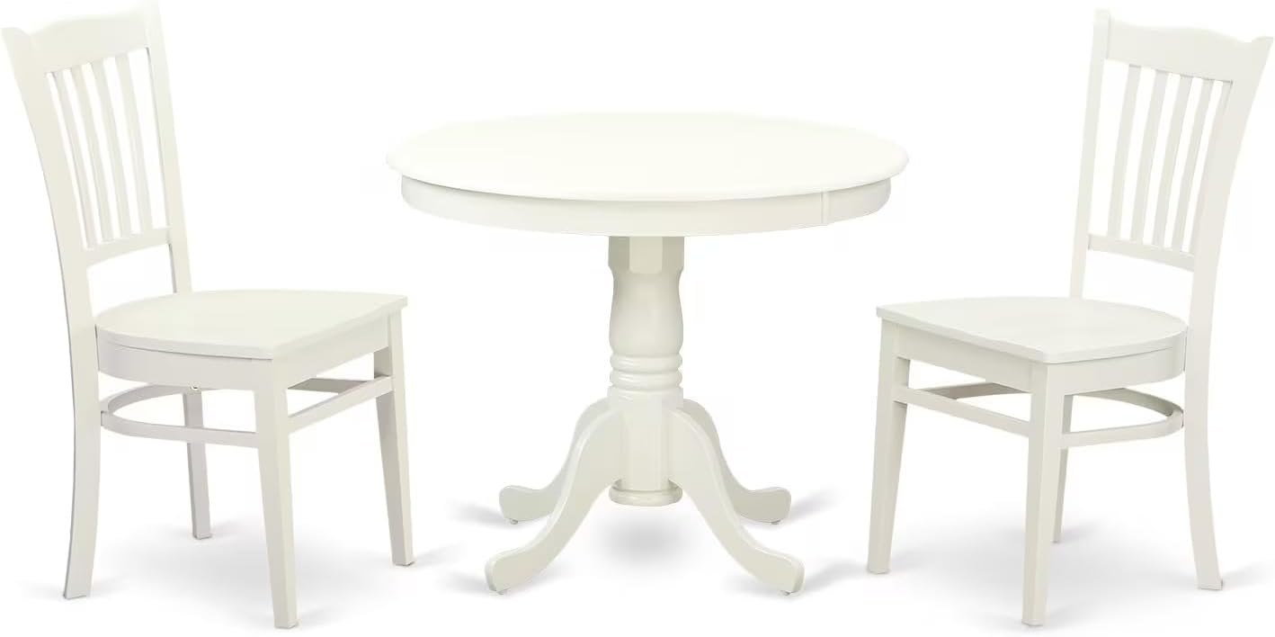 East West Furniture ANGR3-LWH-W 3 Piece Kitchen Table & Chairs Set Contains a Round Dining Room Table with Pedestal and 2 Solid Wood Seat Chairs, 36x36 Inch, Linen White