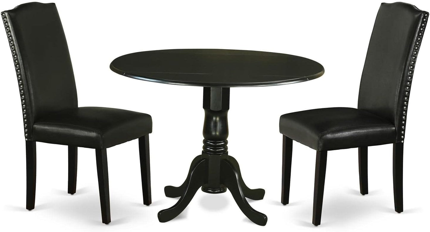 East West Furniture DLEN3-BLK-69 3 Piece Dining Room Furniture Set Contains a Round Dining Table with Dropleaf and 2 Black Faux Leather Upholstered Chairs, 42x42 Inch, Black
