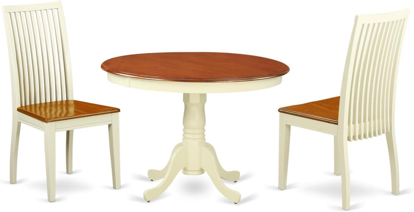 East West Furniture HLIP3-BMK-W 3 Piece Dining Set Contains a Round Dining Room Table with Pedestal and 2 Kitchen Chairs, 42x42 Inch, Buttermilk & Cherry